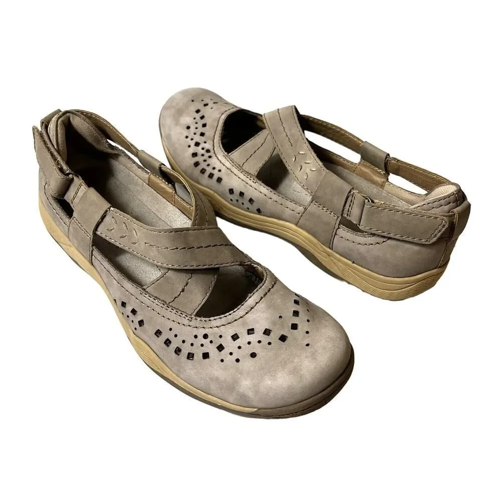 Earth Origins Women 10M Brown Leather Comfort Casual Flat Slip On Mary Jane Shoe